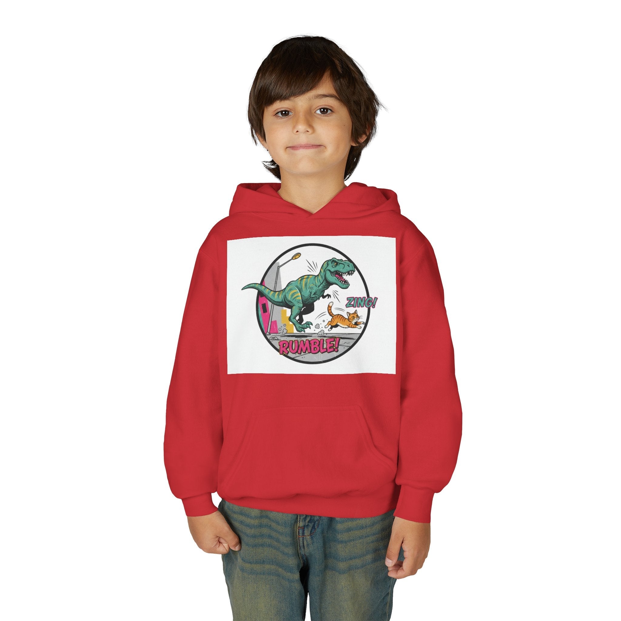 T-Rex Chase Dino Rumble Youth Hoodie | Dinosaur Graphic Sweatshirt