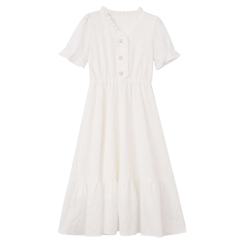 French Vintage V Neck White Dress
