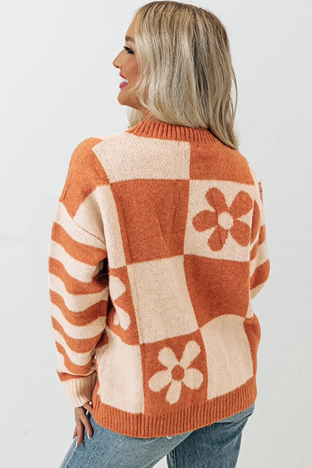 Checkered Floral Print Striped Sleeve Sweater Women UK