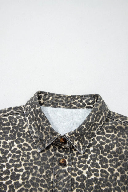 Gray Leopard Short Sleeve Denim Shirt Women UK
