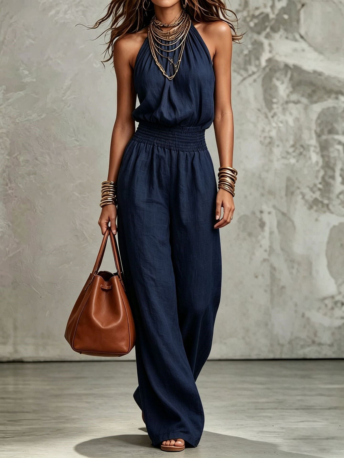 Womens Sleeveless Jumpsuit Backless Lace-up Halter Overall Pants Wide-leg Straight Onesie Trousers