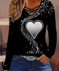 Women's Casual Long Sleeve Top With A Heart Patterned V Neck