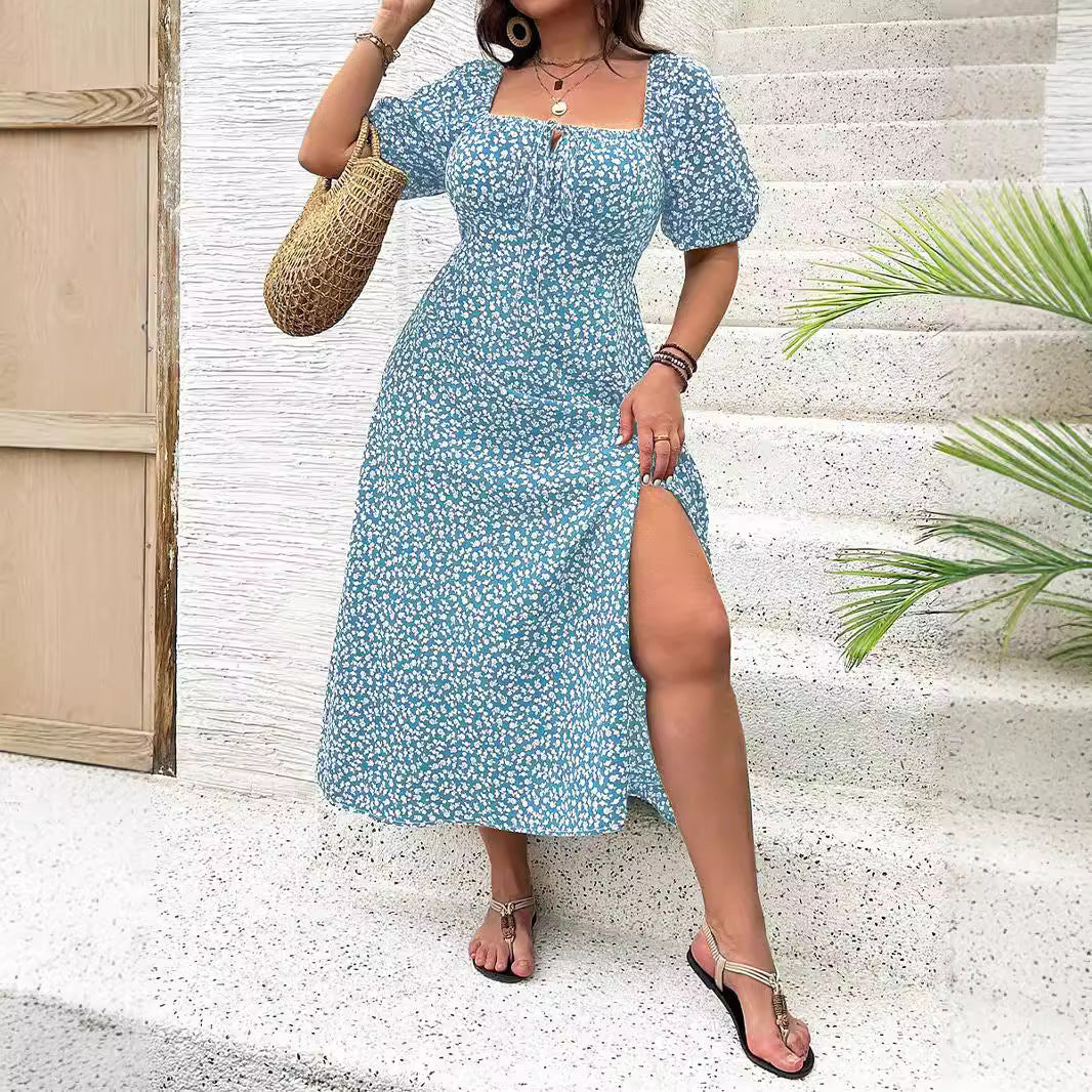 Square Collar Floral Dress Women