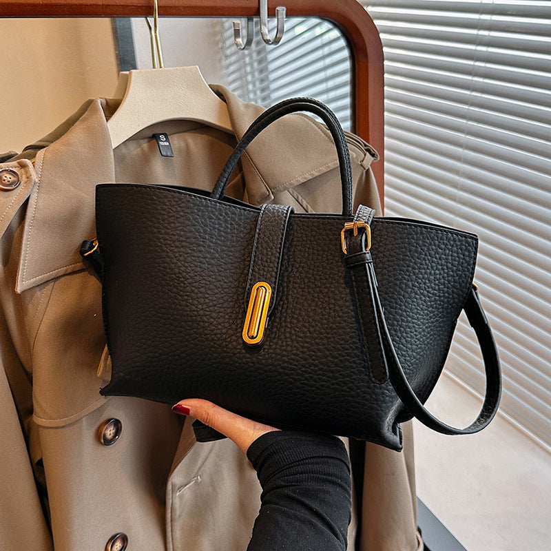 INS Litchi Pattern Shoulder Bag Fashion Zipper Bucket Bag High Capacity Totes Handbag For Women