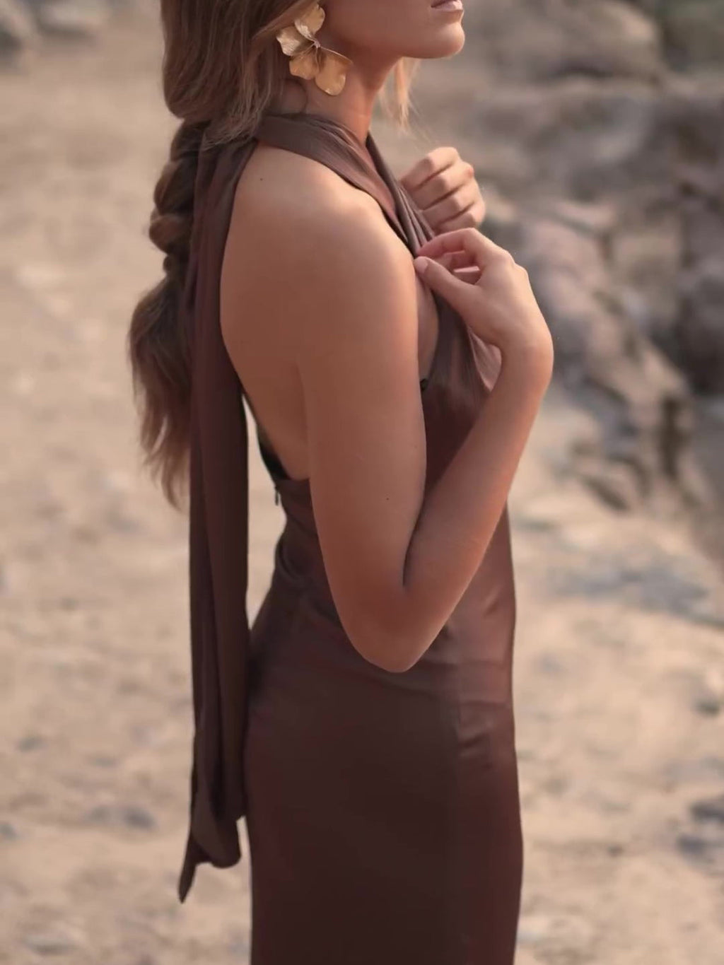 Solid Color Halterneck Maxi Dress