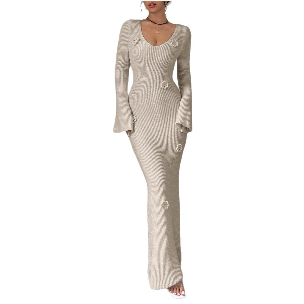 V-neck Waist Trimming Knitted Dress Women's Slimming Sheath