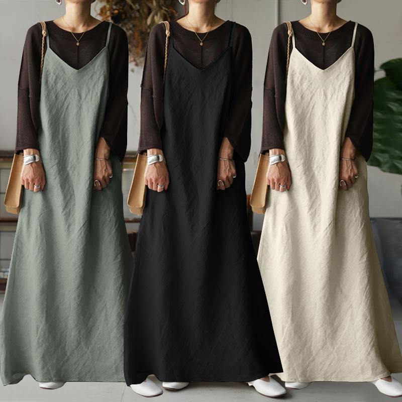 Casual Loose Ladies Solid Dress V Neck Backless
