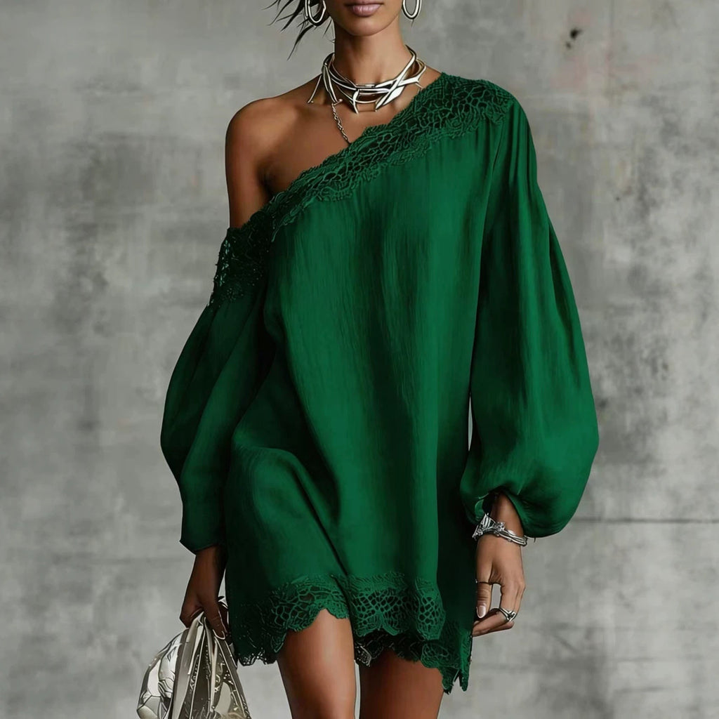 Solid-color Lace-trimmed Casual Off-shoulder Long-sleeve Top