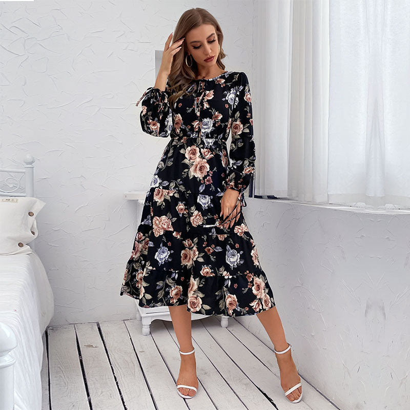 Womens Crew-neck Long-sleeve Tie-dye Printed Dress