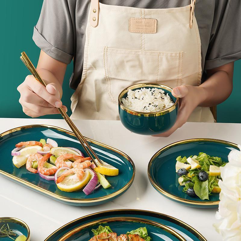 9 Piece Dinner Set, Green And Gold