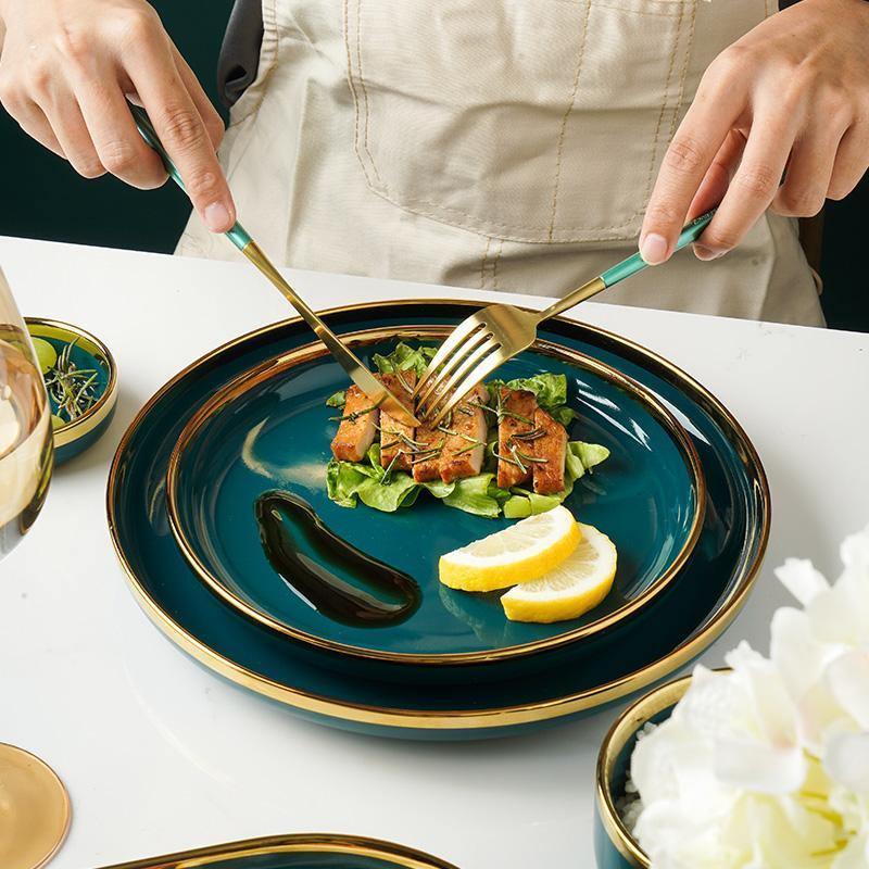 9 Piece Dinner Set, Green And Gold