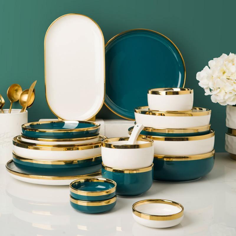 9 Piece Dinner Set, Green And Gold