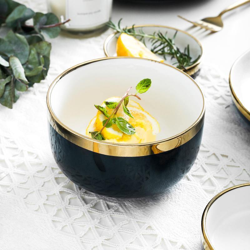 9 Piece Dinner Set, White And Dark Blue