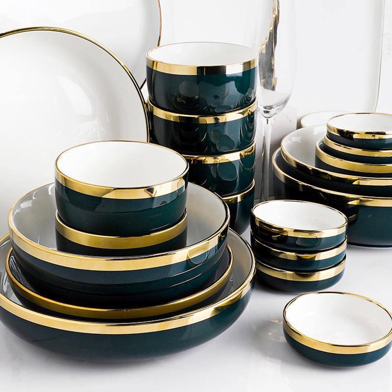 9 Piece Dinner Set, White And Dark Blue