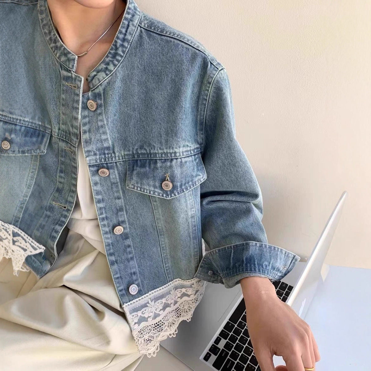 Retro Washed Small Stand Collar Lace Stitching Loose Casual Denim Coat Women's Short
