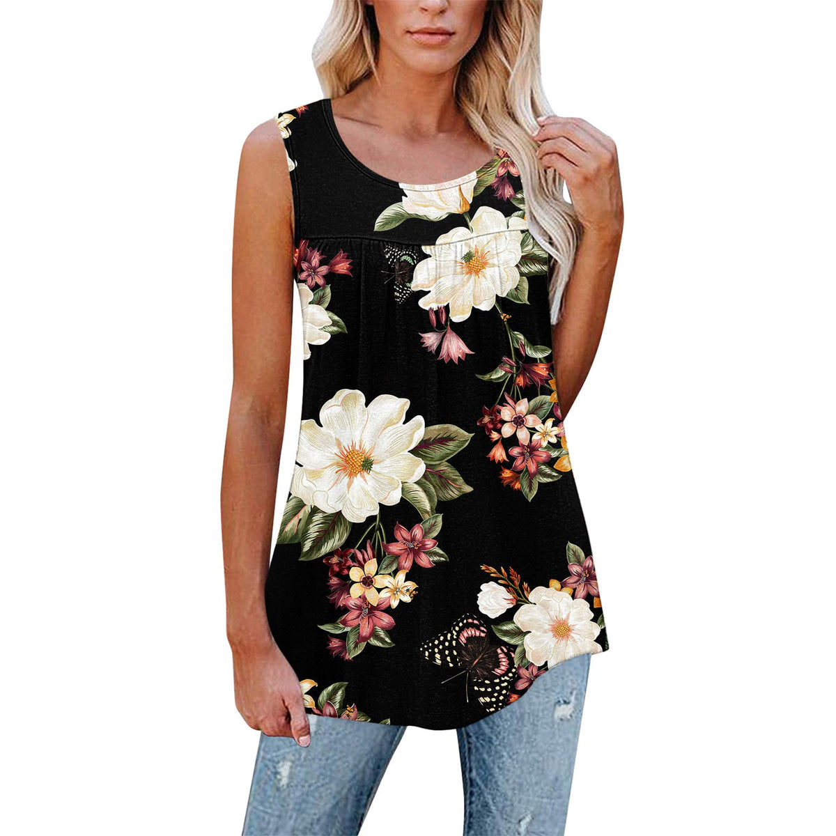 Flower Print Sleeveless Pleated Casual Loose Vest T-shirt Women's Clothing