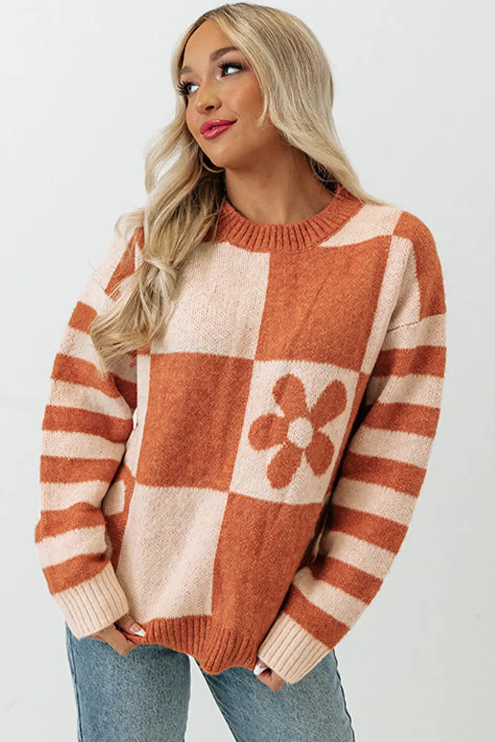 Checkered Floral Print Striped Sleeve Sweater Women UK