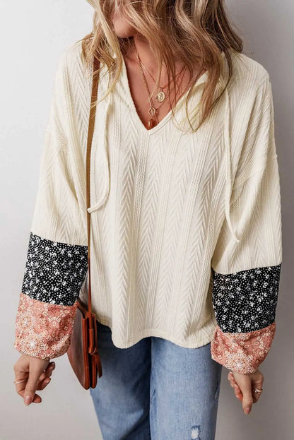 Floral Patchwork V-Neck Lace-Up Knit Blouse Women UK