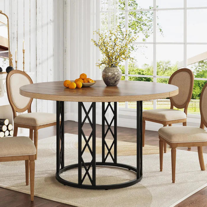 Industrial Round Dining Table - Rustic Wood Top with X-Frame Metal Pedestal