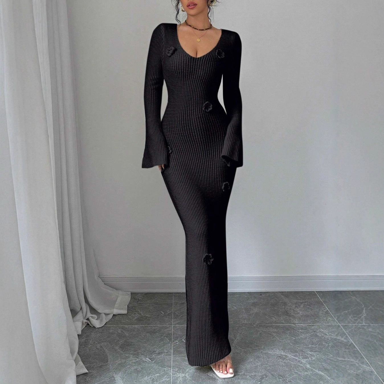 V-neck Waist Trimming Knitted Dress Women's Slimming Sheath