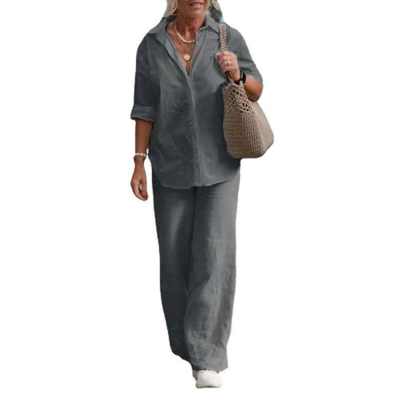 Lapel-collar Long-sleeve Shirt Casual Solid-color Pants Wide-leg Set