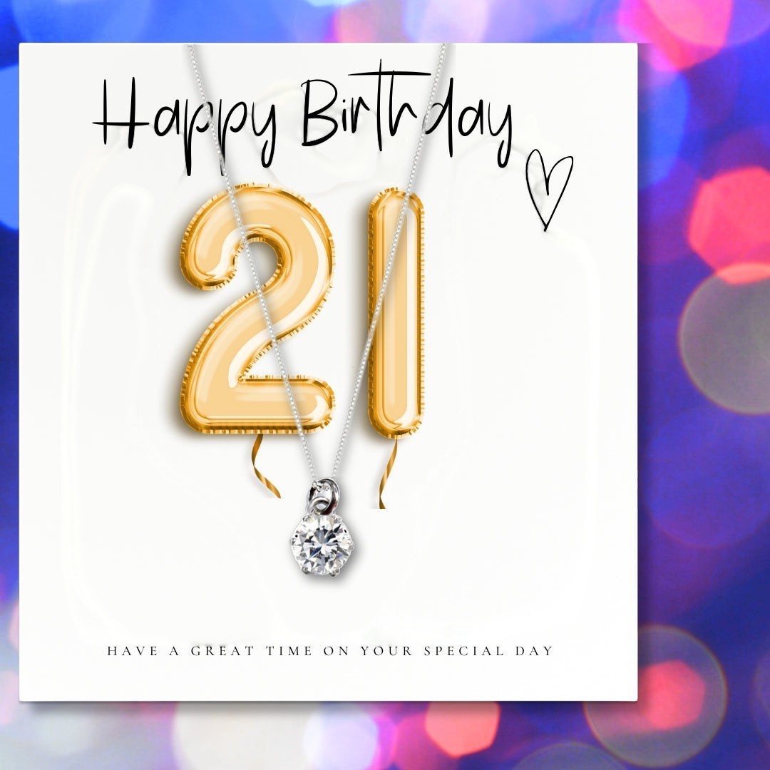 21st Birthday Cubic Zirconia Necklace & Gold Balloons Mini Hamper