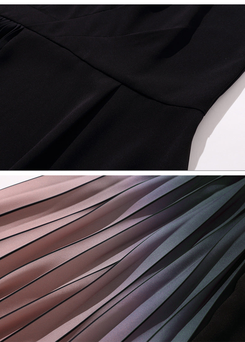 Slim Gradient Pleated Patchwork Black Dress