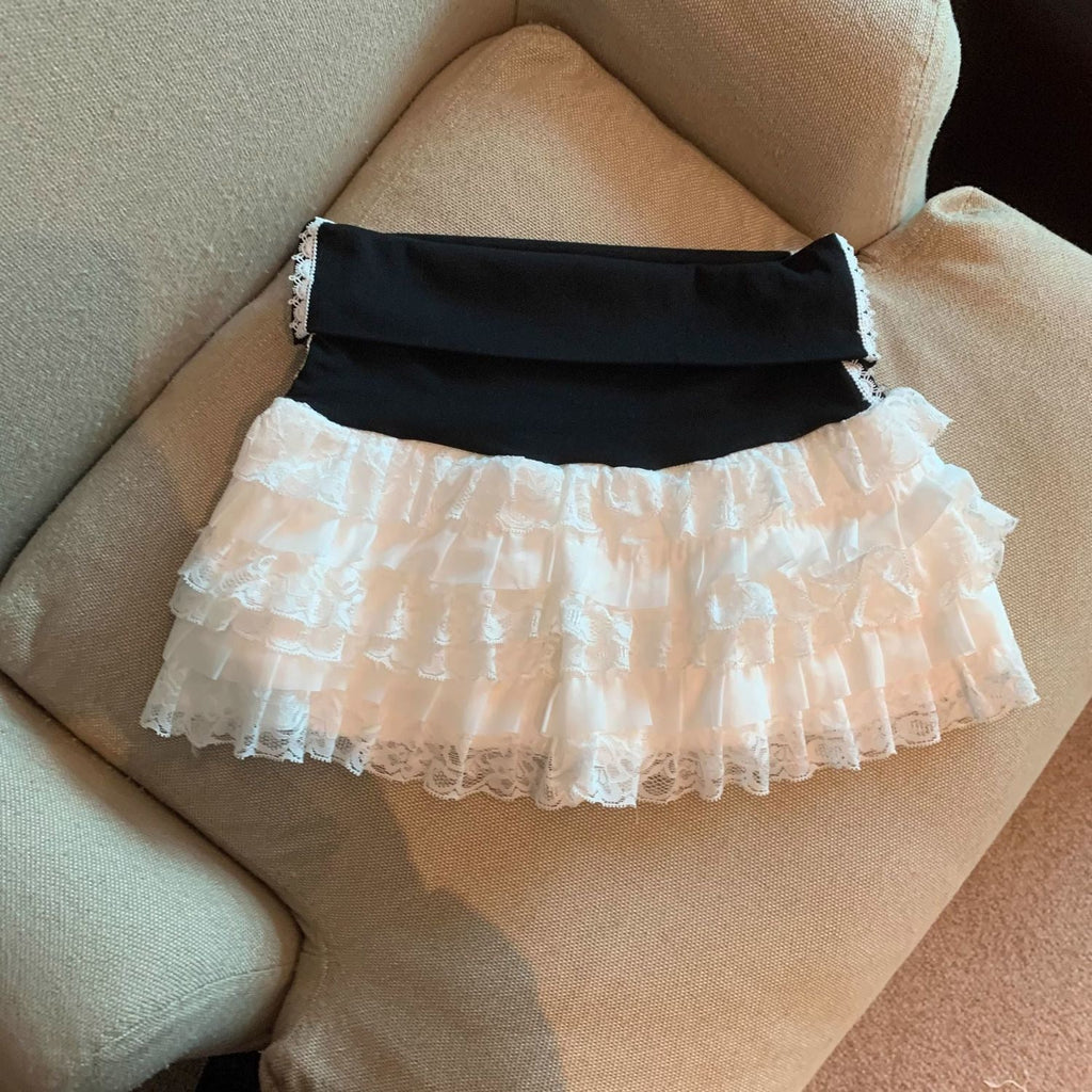 Ballet-style Pure Yet Seductive Lace-spliced Bubble Skirt