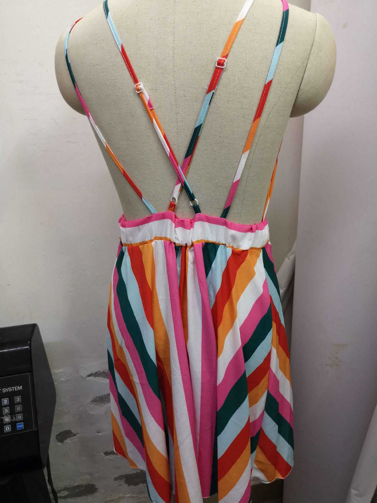 Women's Summer Mixed Color Stripe Sling Backless Dress