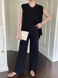 Sleeveless Crew-Neck Slim-Fit Striped Knit Top And Wide-Leg Pants Set