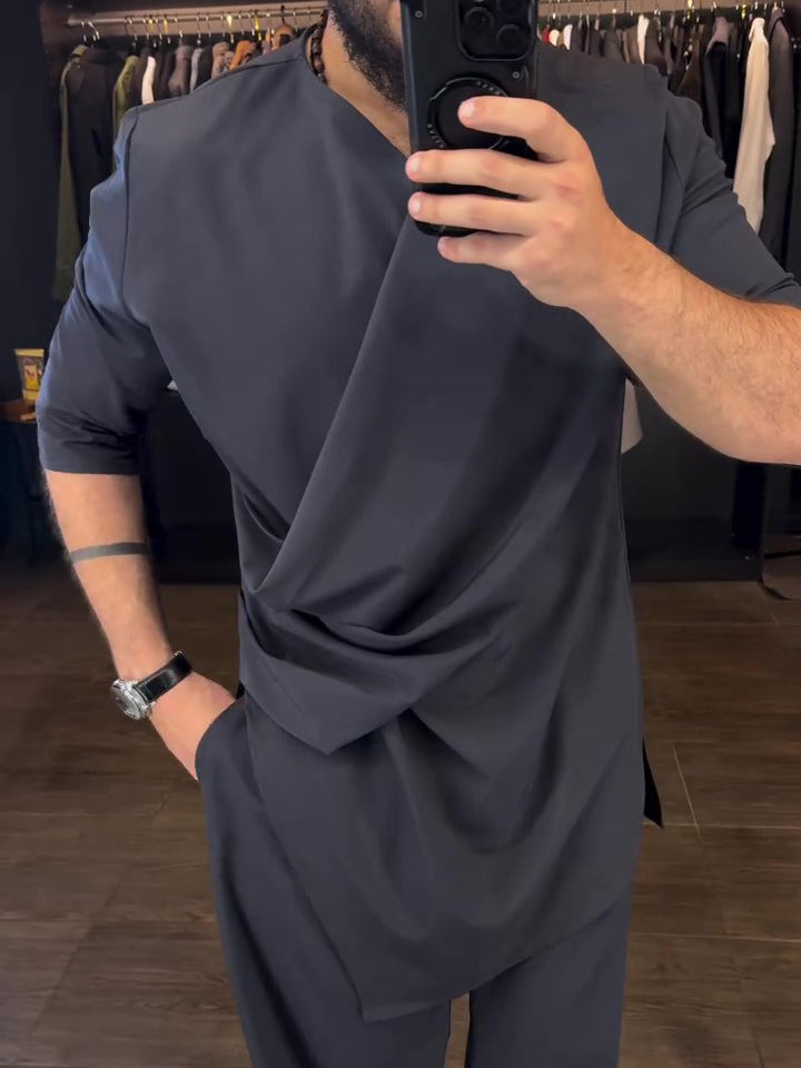 Men's Casual Long Sleeve Draped Top High Waist Pants Set
