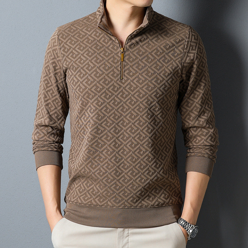 Long Sleeve T-shirt Zipper And Lapel Casual Stand Collar Bottoming Shirt Men's Clothing