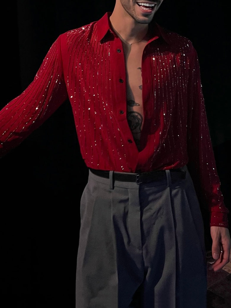 Red Sequin Stripe Long Sleeve Shirt
