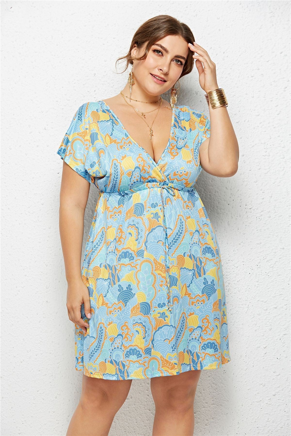 Women Summer Print Dress Casual Deep V Neck Beach