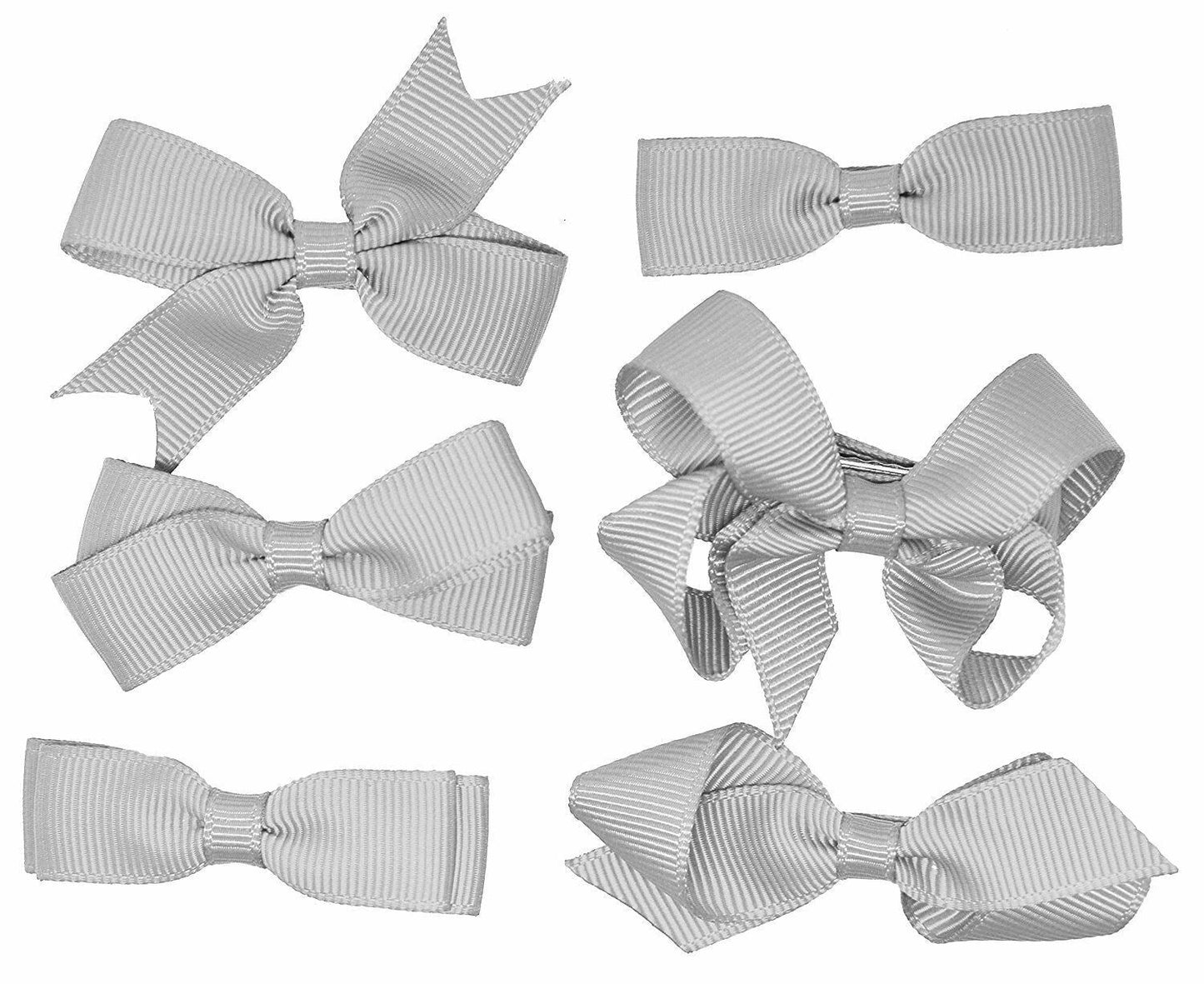 6 PIECE SET Girls Small Hair Bows Clips Grosgrain Ribbon School Uniform Colours[Grey / Silver]