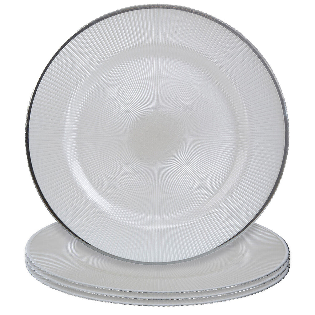 Set of Four 33cm Dia Embossed White Glass Charger Plates | Ida
