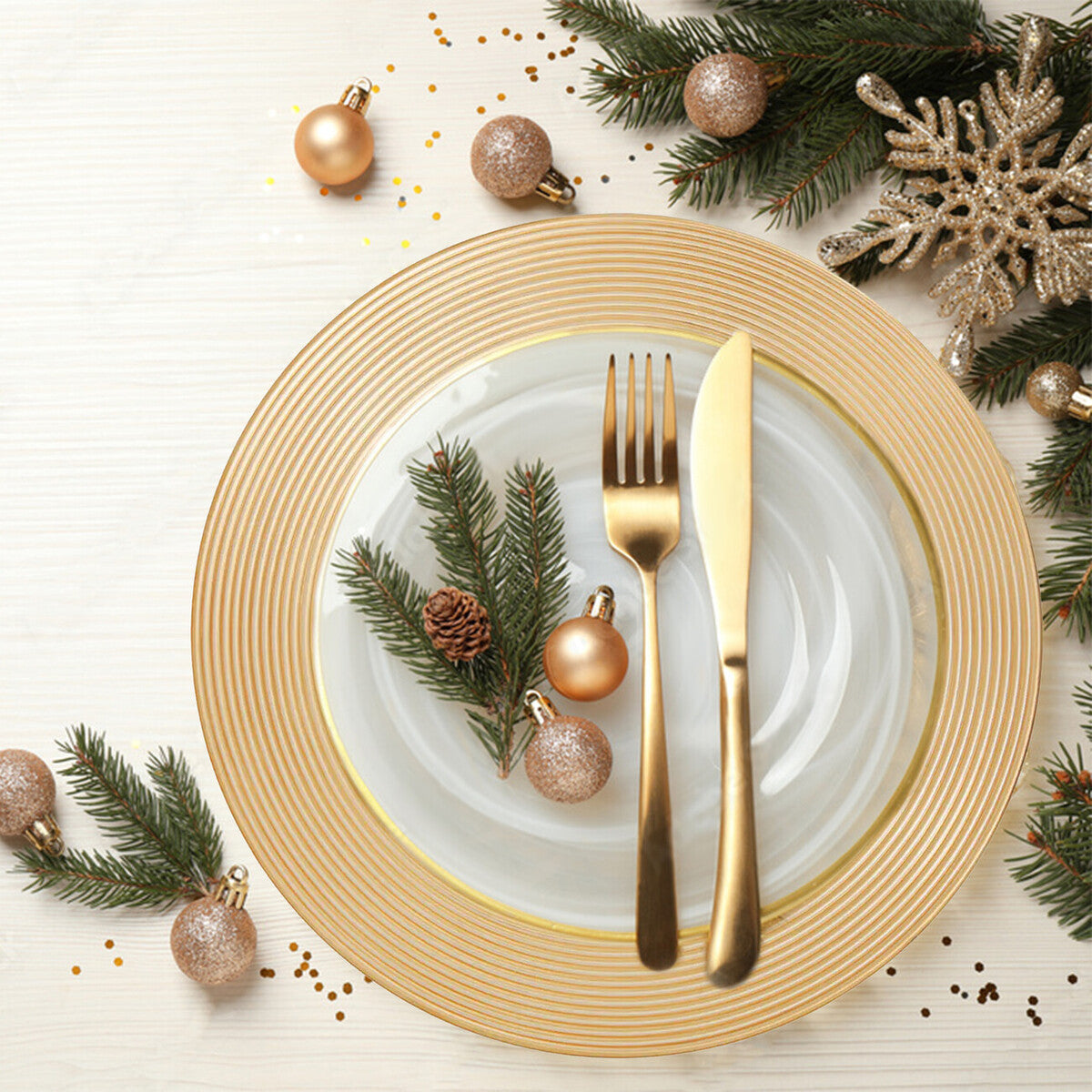 Set of Four 33cm Gold Charger Plates with Ribbed Rims | Dia