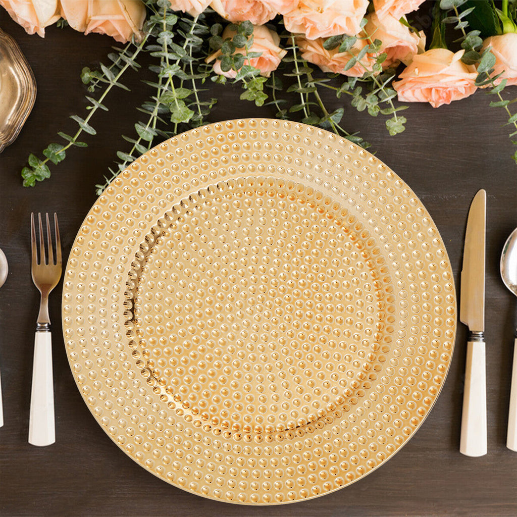 Set of Four 33cm Gold Finish Hammered Charger Plates | Dia