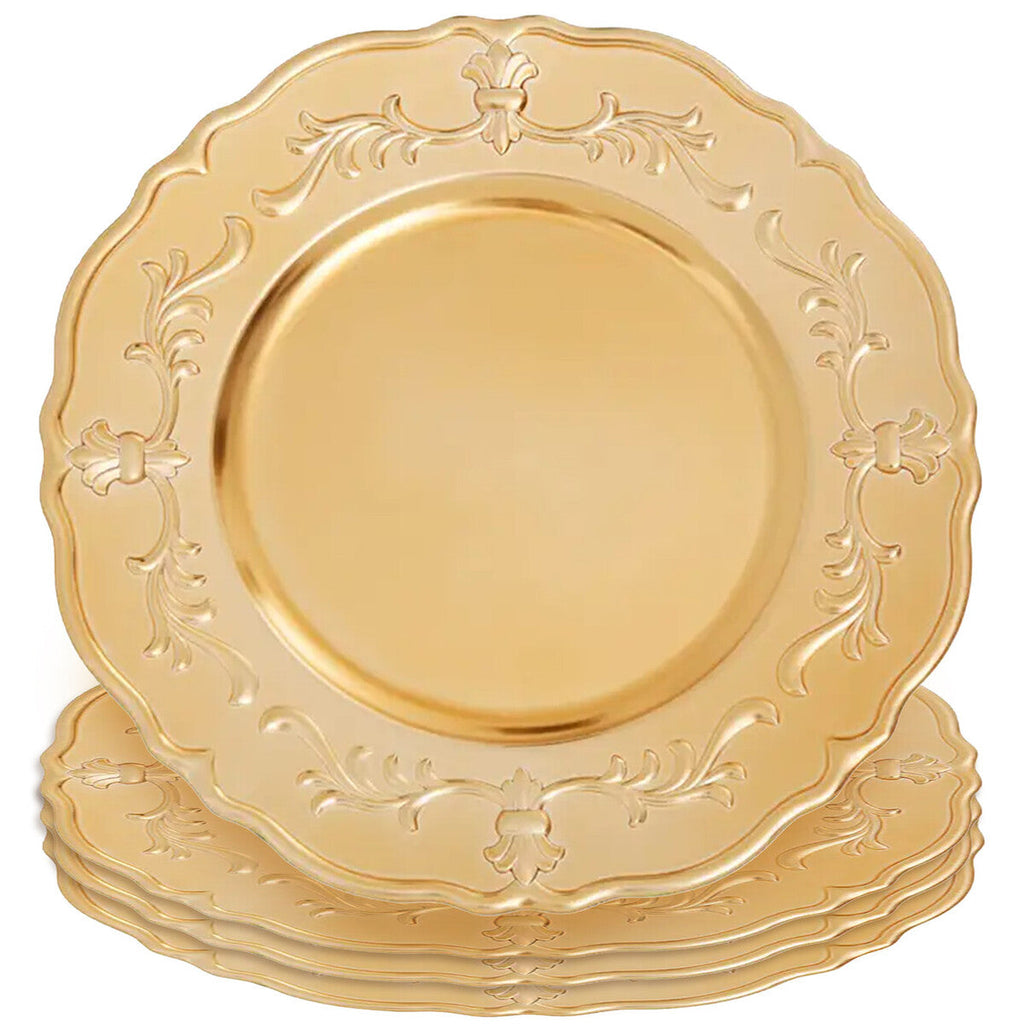 Set of Four 33cm Gold Finish Baroque Charger Plates | Dia