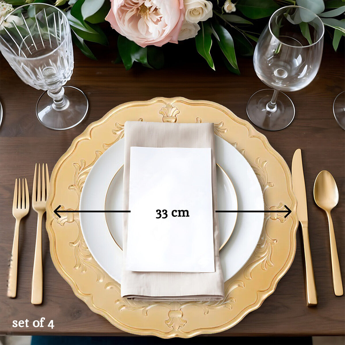 Set of Four 33cm Gold Finish Baroque Charger Plates | Dia