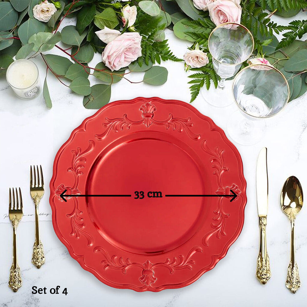 Set of Four 33cm Red Finish Baroque Charger Plates | Dia