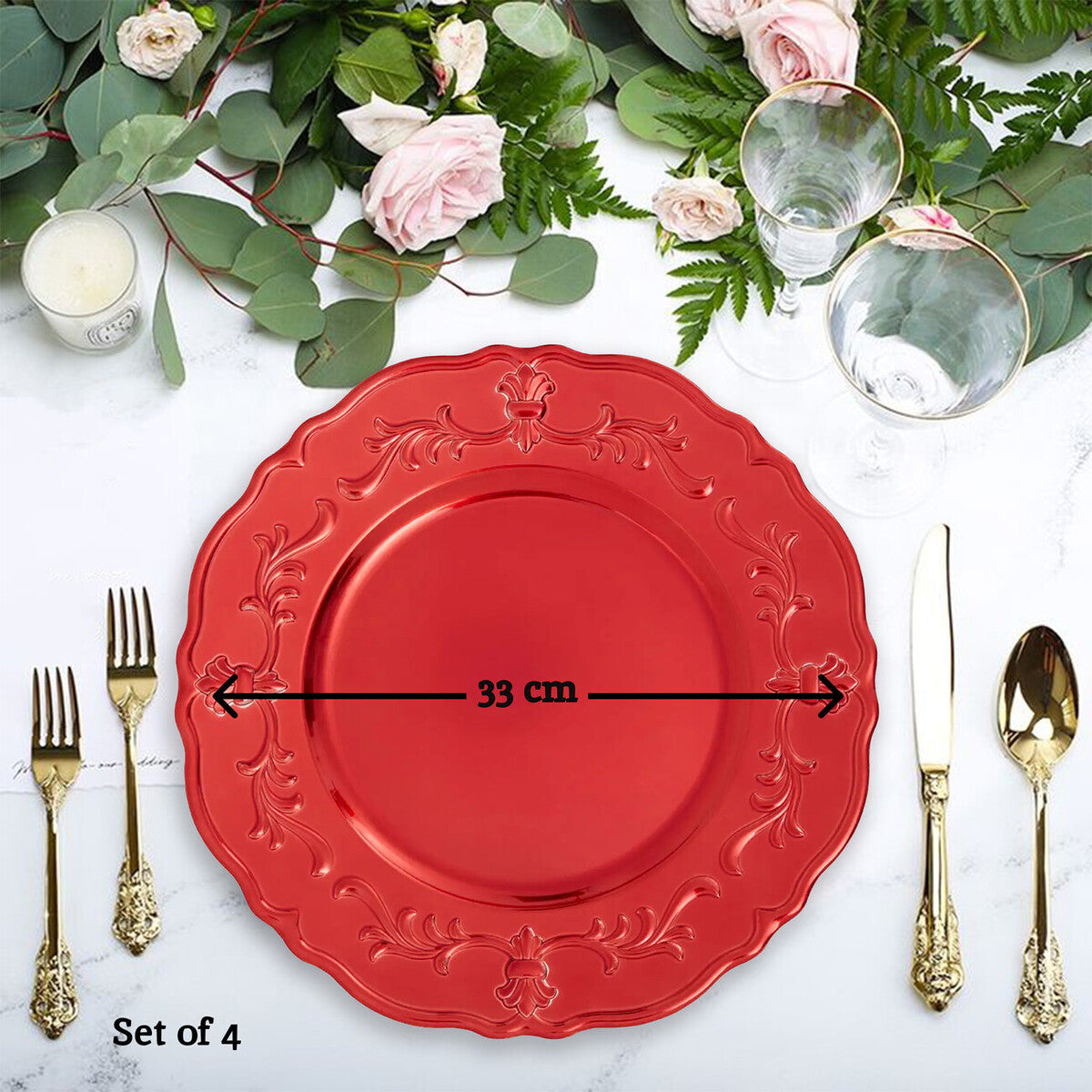 Set of Four 33cm Red Finish Baroque Charger Plates | Dia