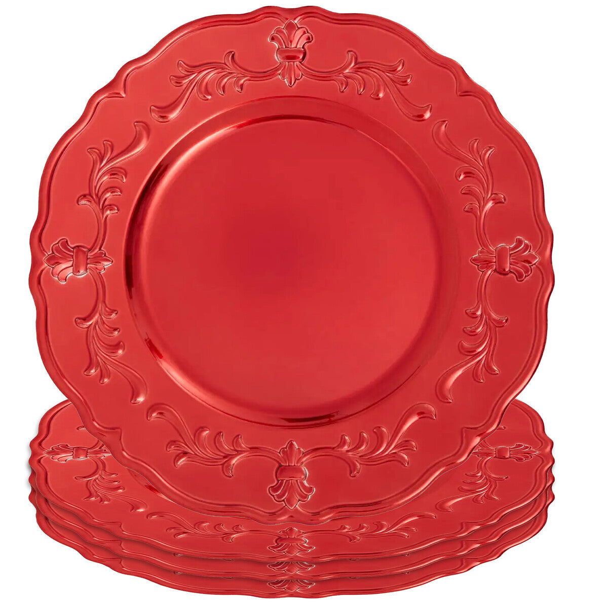 Set of Four 33cm Red Finish Baroque Charger Plates | Dia
