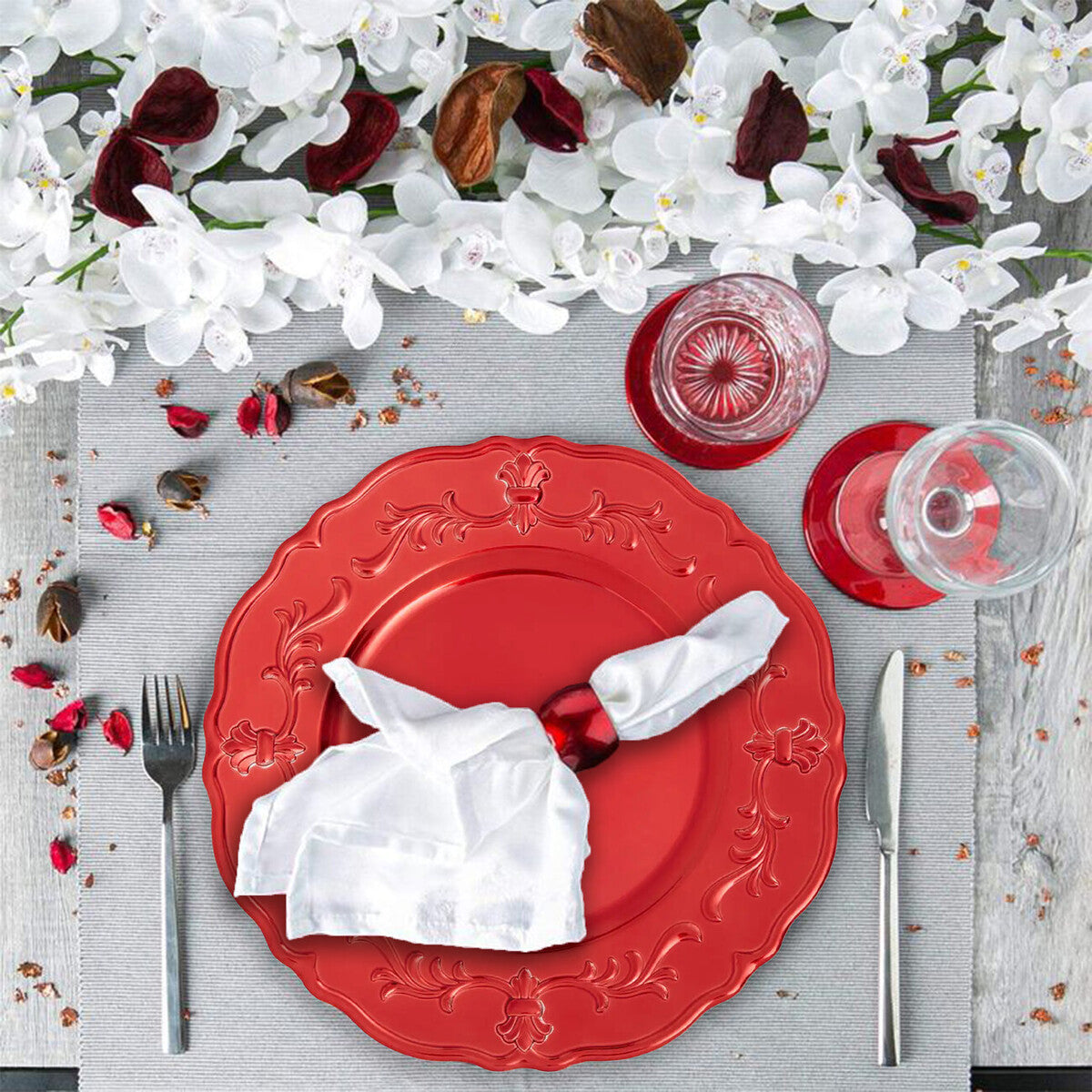 Set of Four 33cm Red Finish Baroque Charger Plates | Dia