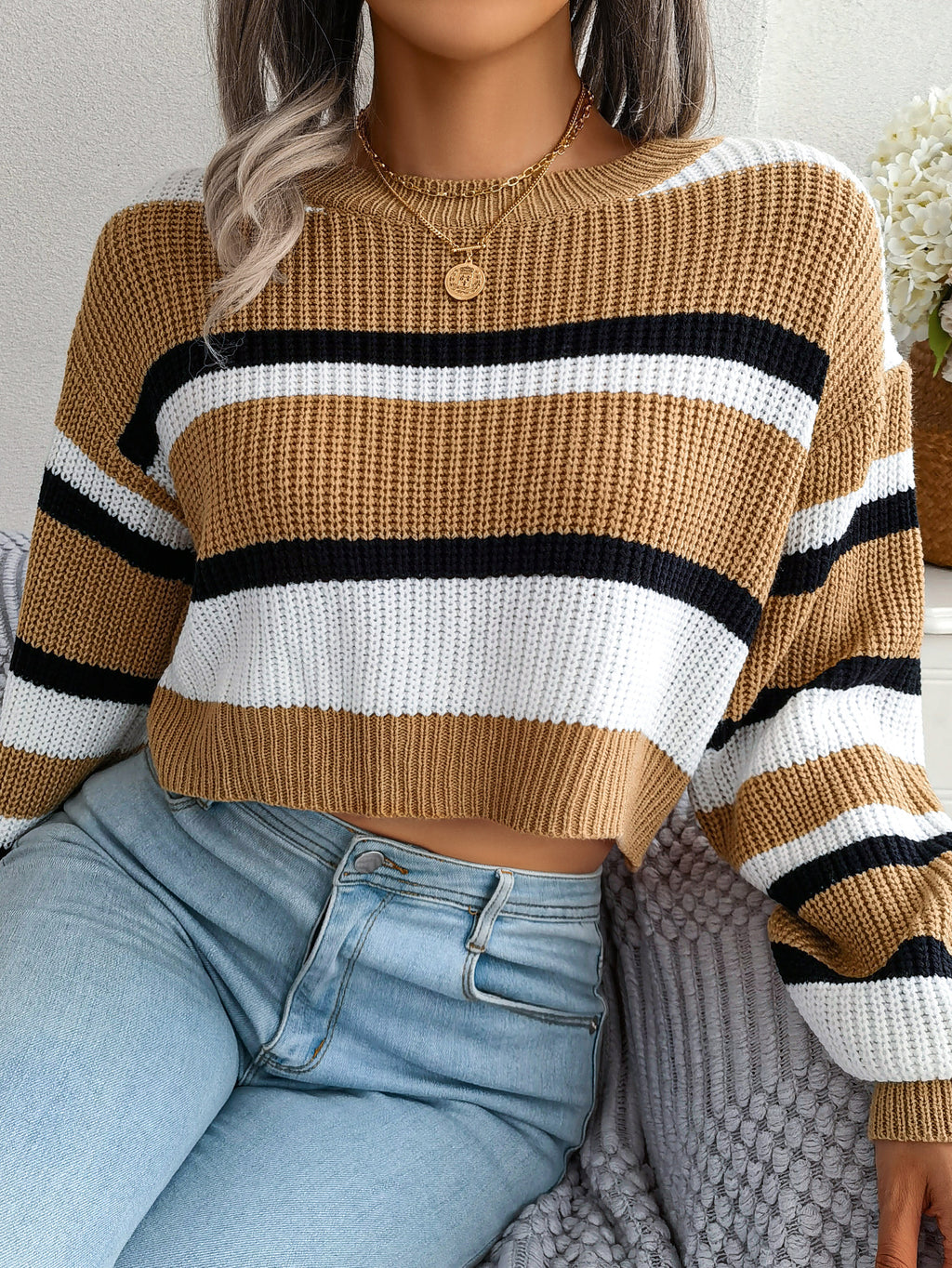 Casual Striped Long Sleeve Cropped Knit Sweater