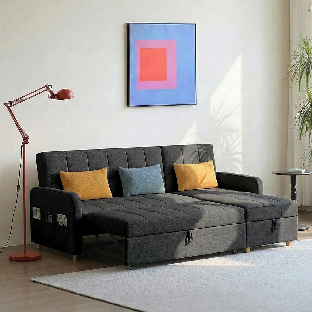 ML203 Three Seater Sofa Bed, L Shape Sofa Bed With Storage, Linen