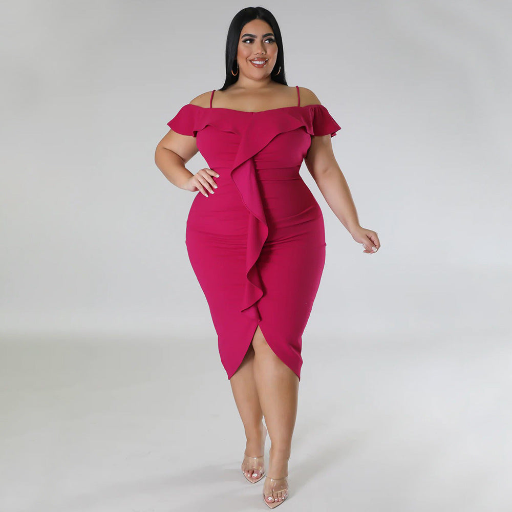 Solid-color Dress Halter-neck Midi Skirt