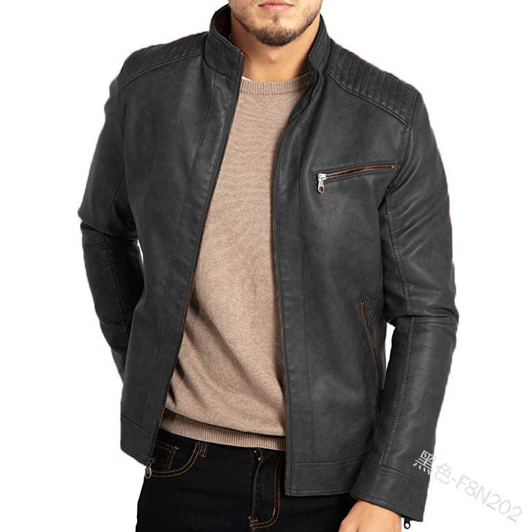 Men's Polyester Stand Collar Punk Motorcycle Leather Jacket