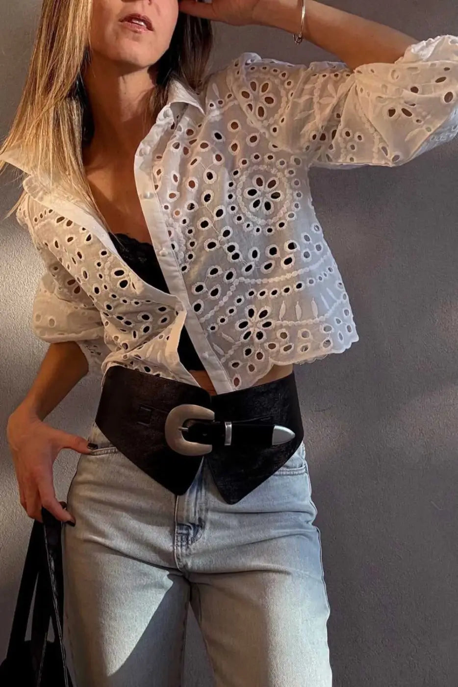 Women's White Cutwork Embroidered Puff Sleeve Crop Top