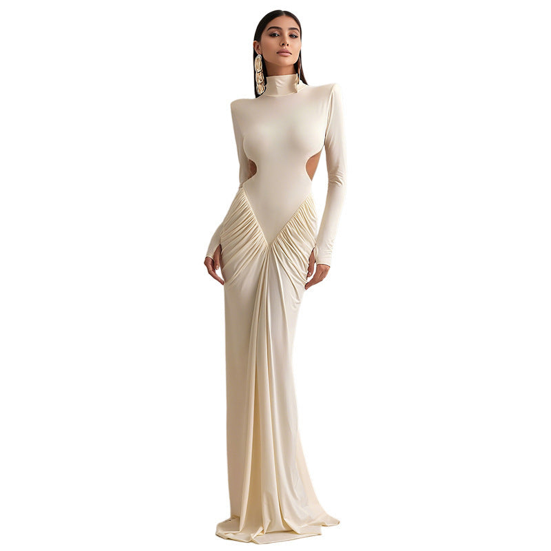 Long Sleeve High Collar Temperament Slim Fit Pleated Backless Dress